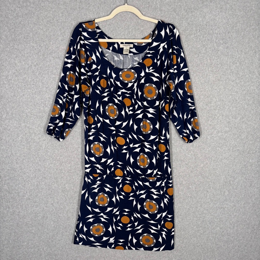 Vertigo Mini Dress Medium Navy Orange Floral Abstract Tight Skirt Loose Top